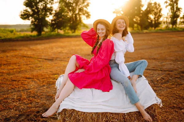 Duas Jovens Divertirem Perto Palheiro Conceito Moda Natureza Férias Relaxamento — Fotografia de Stock