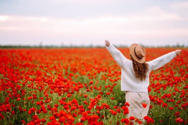 Haşhaş tarlasında güzel bir kadın, açık hava portresi. Çiçeklerle dolu bir tarlada genç bir kadın. Doğa, tatil ve yaşam tarzı. 
