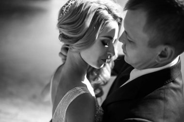 Parktaki güzel bir çiftin siyah beyaz portresi. Düğün günü. Evlilik..