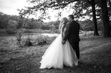 Parktaki güzel bir çiftin siyah beyaz portresi. Düğün günü. Evlilik..