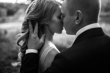 Parktaki güzel bir çiftin siyah beyaz portresi. Düğün günü. Evlilik..