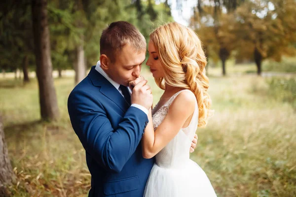 Novia Novio Caminan Juntos Parque Feliz Boda Pareja Disfrutar Uno — Foto de Stock