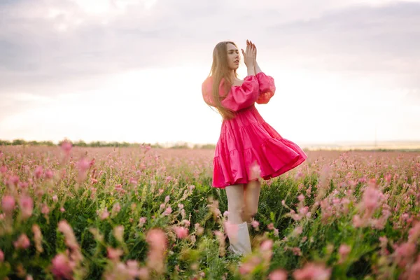 Młoda Kobieta Różowej Sukience Kwitnącym Polu Letni Krajobraz Moda Koncepcja — Zdjęcie stockowe