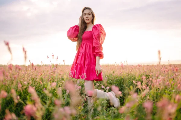 Mladá Žena Růžových Šatech Kvetoucím Poli Letní Krajina Móda Styl — Stock fotografie