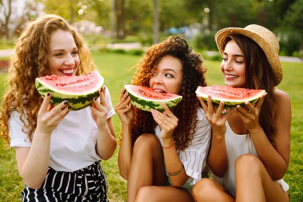 Three Young Woman Have Fun Together Eating Watermelon Hot Summer — Fotografia de Stock