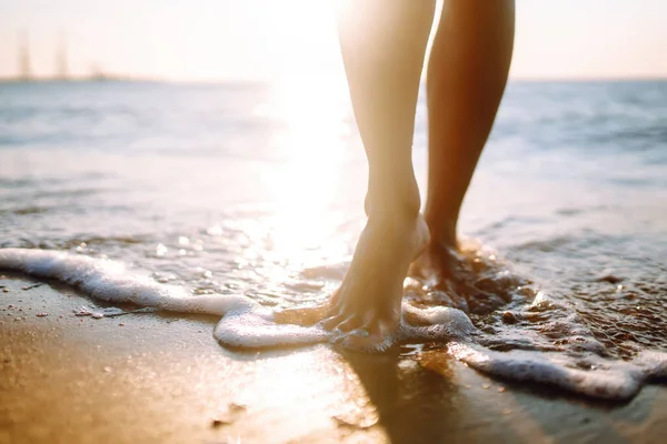 Close Leg Young Woman Walking Wave Sea Water Sand Summer — Fotografia de Stock