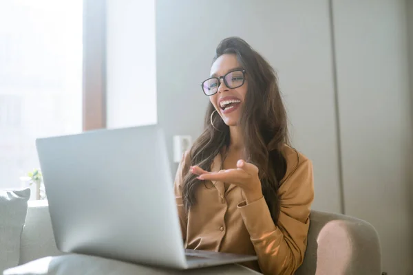 Online Conference Training Young Student Girl Working Laptop Learning College —  Fotos de Stock