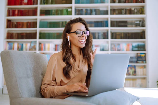 Online Conference Training Young Student Girl Working Laptop Learning College — Fotografia de Stock