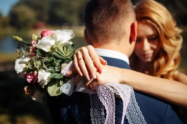 Happy Wedding Couple Enjoy Each Other Park Wedding Day Marriage — Stock Photo, Image