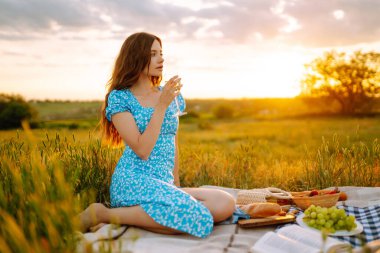 Beautiful young woman having picnic  in park. Summer picnic in nature. Healthy food. People, lifestyle, relaxation and vacations concept.