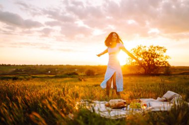 Beautiful young woman having picnic  in park. Summer picnic in nature. Healthy food. People, lifestyle, relaxation and vacations concept.