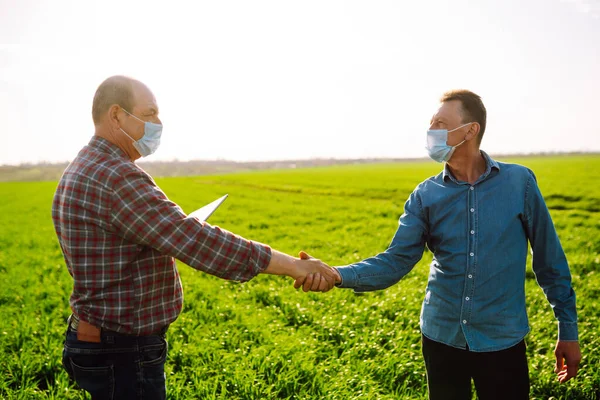 Two Farmers Making Agreement Handshake Green Wheat Field Concept Agricultural — Foto Stock