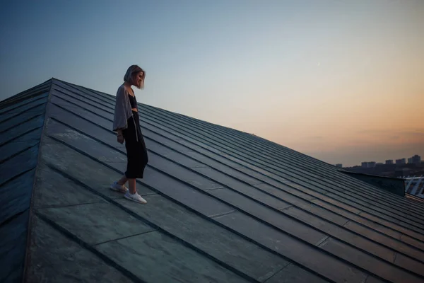 屋根の上で写真撮影 屋根の上にポーズをとる若い女性は 街の素晴らしい景色 ライフスタイル リラクゼーションの概念 — ストック写真