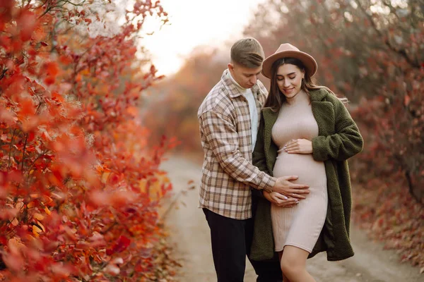 Glückliches Und Junges Schwangeres Paar Herbstpark Menschen Lebensstil Entspannung Und — Stockfoto