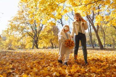 Genç anne ve kızı parkta yürüyor ve güzel sonbahar doğasının tadını çıkarıyorlar. Dinlen, çocukluk, yürüyüş, aile.
