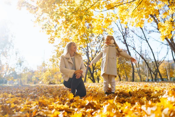 Mladá Matka Dcera Procházky Parku Užívat Krásné Podzimní Přírody Odpočinek — Stock fotografie