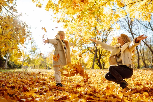 Joven Madre Hija Caminando Parque Disfrutando Hermosa Naturaleza Otoñal Descanso — Foto de Stock