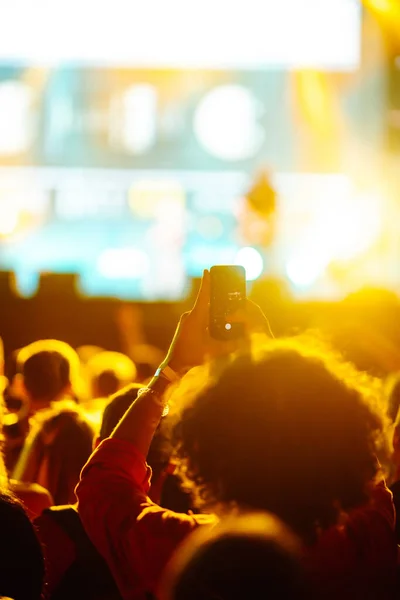 Using a smartphone in a public event, live music festival. Technologies, party, lifestyle.