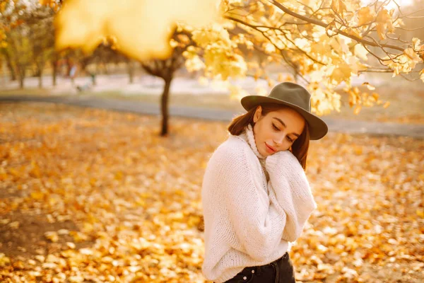 穿着温暖的白色毛衣 秋色时尚 头戴帽子 在公园里散步的迷人而时尚的女人的画像 — 图库照片