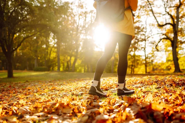 Women\'s feet walk on autumn leaves in the forest. Rest, relaxation, lifestyle concept.