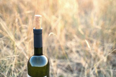 Açık kırmızı şarap şişesi boş etiketli ve doğal mantar tezgahlı.