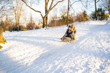 İki küçük Afro-Amerikan ya da Latin kardeş parktaki karlı dağdan aşağı kaydılar.
