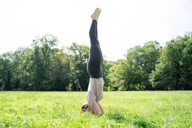 Salamba Sirsasana yoga yapan genç beyaz ya da Asyalı kadın meditasyondan sonra kafasının üstünde duruyor ya da yaz güneşli parkında yeşil çimen kredisiyle pilates yapıyor. Sağlıklı yaşam tarzı, kenar görüş