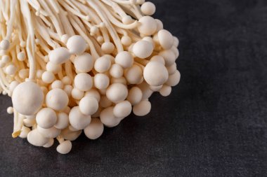 Taze Enoki mantarları seçilmiş odaklı olarak siyah zemin üzerinde bulunur. Enoki, ayrıca kadife şiş olarak da bilinir, Physalacriaceae familyasından yenilebilir bir mantar türüdür.. 