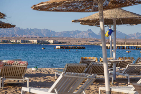 October 24, 2021.Hurghada, Beautiful tropical beach early morning. Egypt beach
