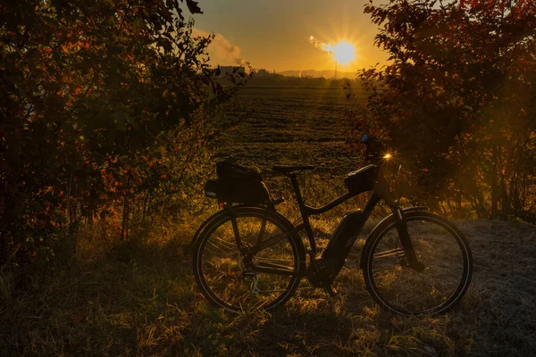 Cyklotrasa Barvami Podzimních Stromů Čerstvé Mlhavé Východ Slunce Krásné Ráno — Stock fotografie