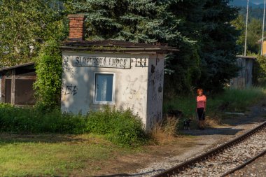 Sıcak yaz gününde Banska Bystrica 'dan Brezno' ya giden treni seyret.