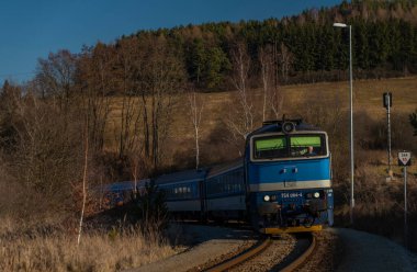 Hızlı yolcu, kış güneşli bir günde Bohemya 'nın güneyindeki Kajov İstasyonu' nda trene bindi.