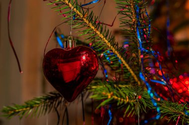 Kırmızı ve mavi renkli Noel ladin ağacının ayrıntıları ve karton kutularda hediyeler