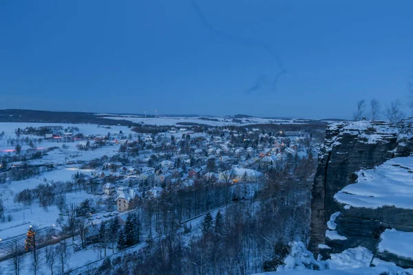 View Tisa Village Winter Snowy Morning Orange Sunrise — Stockfoto