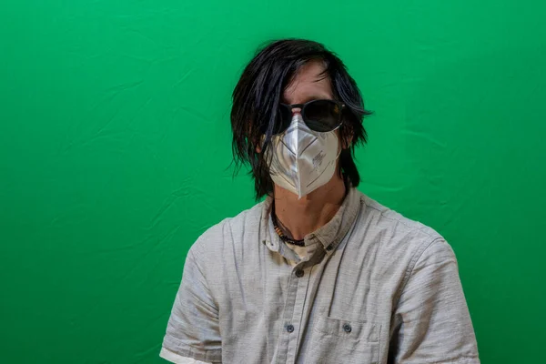 Man Black Hair Sitting Dark Green Wall Respirator — Photo