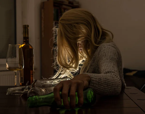Blond Hair Woman Bottles Alcohol Dark Interior — Stock Photo, Image