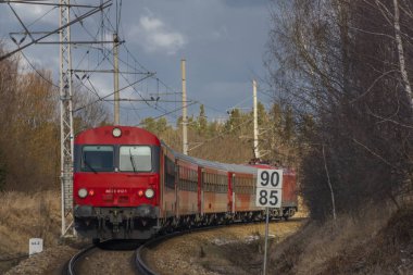 Kırmızı yolcu Avusturya Velesin İstasyonu 'nda kış günü soğuk bir günde tren çalışır.