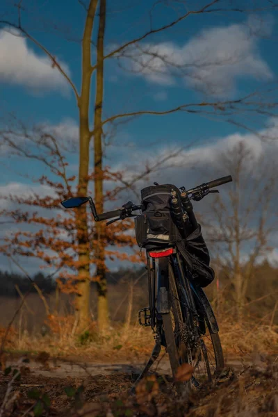 Bicicletta Elettrica Nella Foresta Invernale Con Cielo Azzurro Sole Splendente — Foto Stock