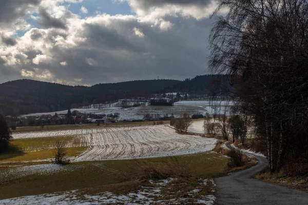 Tájkép Közelében Velesin Város Télen Szeles Hideg Nap — Stock Fotó