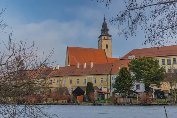 Telc Vieille Ville Historique Hiver Matin Givré Avant Lever Soleil — Photo