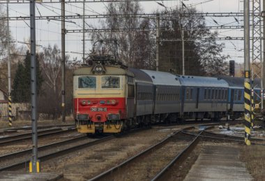 Horni Cerekev istasyonunda hızlı yolcu treni soğuk kış gününde