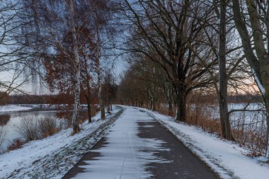 Kışın güneşli bir sabahta Ceske Budejovice şehrinde asfalt bisiklet yolu