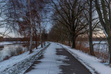 Kışın güneşli bir sabahta Ceske Budejovice şehrinde asfalt bisiklet yolu