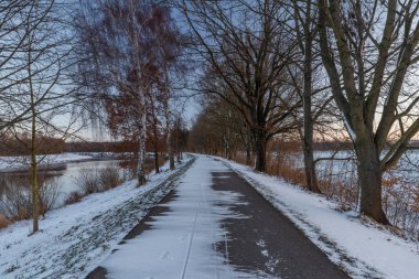 Kışın güneşli bir sabahta Ceske Budejovice şehrinde asfalt bisiklet yolu