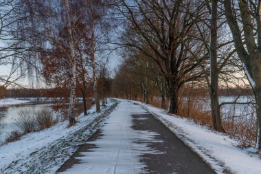 Kışın güneşli bir sabahta Ceske Budejovice şehrinde asfalt bisiklet yolu