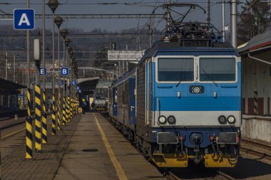Güneşli kış gününde yolcu ve yük trenleriyle Zabreh İstasyonu