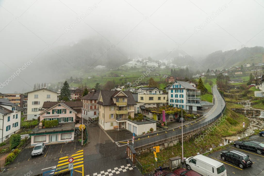 Gersau town in central Switzerland in cold snowy spring evening