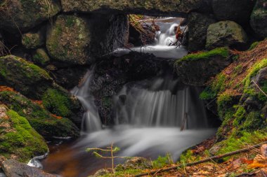 Baharda Jizerske dağlarında Cerveny şelalesi olan bir dere. Renkli bir sabah.
