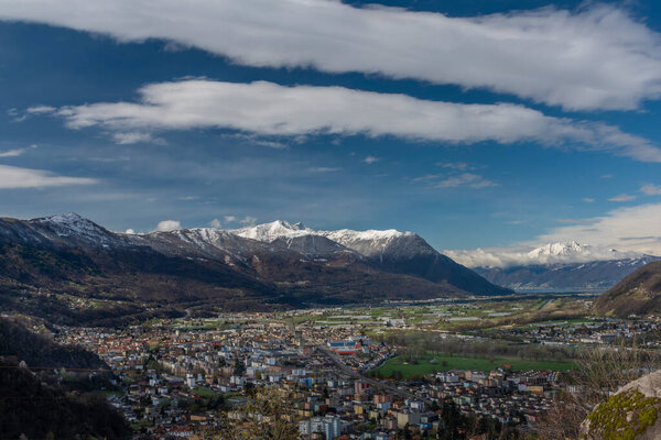 Giubiasco town from castle in Bellinzona town in spring fresh color morning