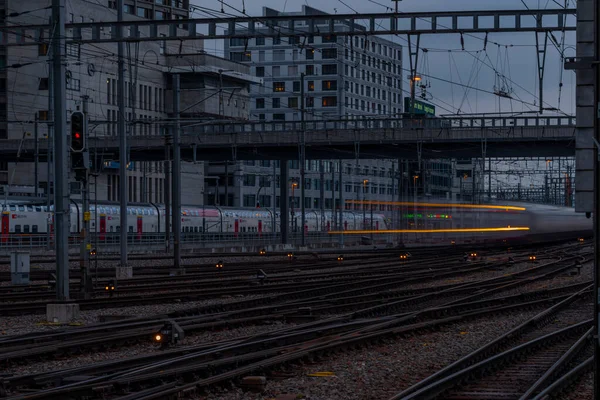 Rails Zurich Gare Principale 2022 Après Coucher Soleil Nuageux — Photo